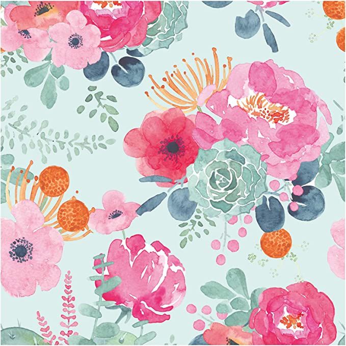 HaokHome 93005-3 Peony Peel and Stick Floral Wallpaper Removable Teal Blue/Pink/Grey Vinyl Cabine... | Amazon (US)