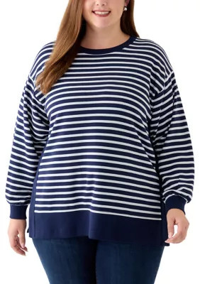 Crown & Ivy Women's Plus Size Side Slit Sweeper Sweater, Navy Blue, 1X | Belk