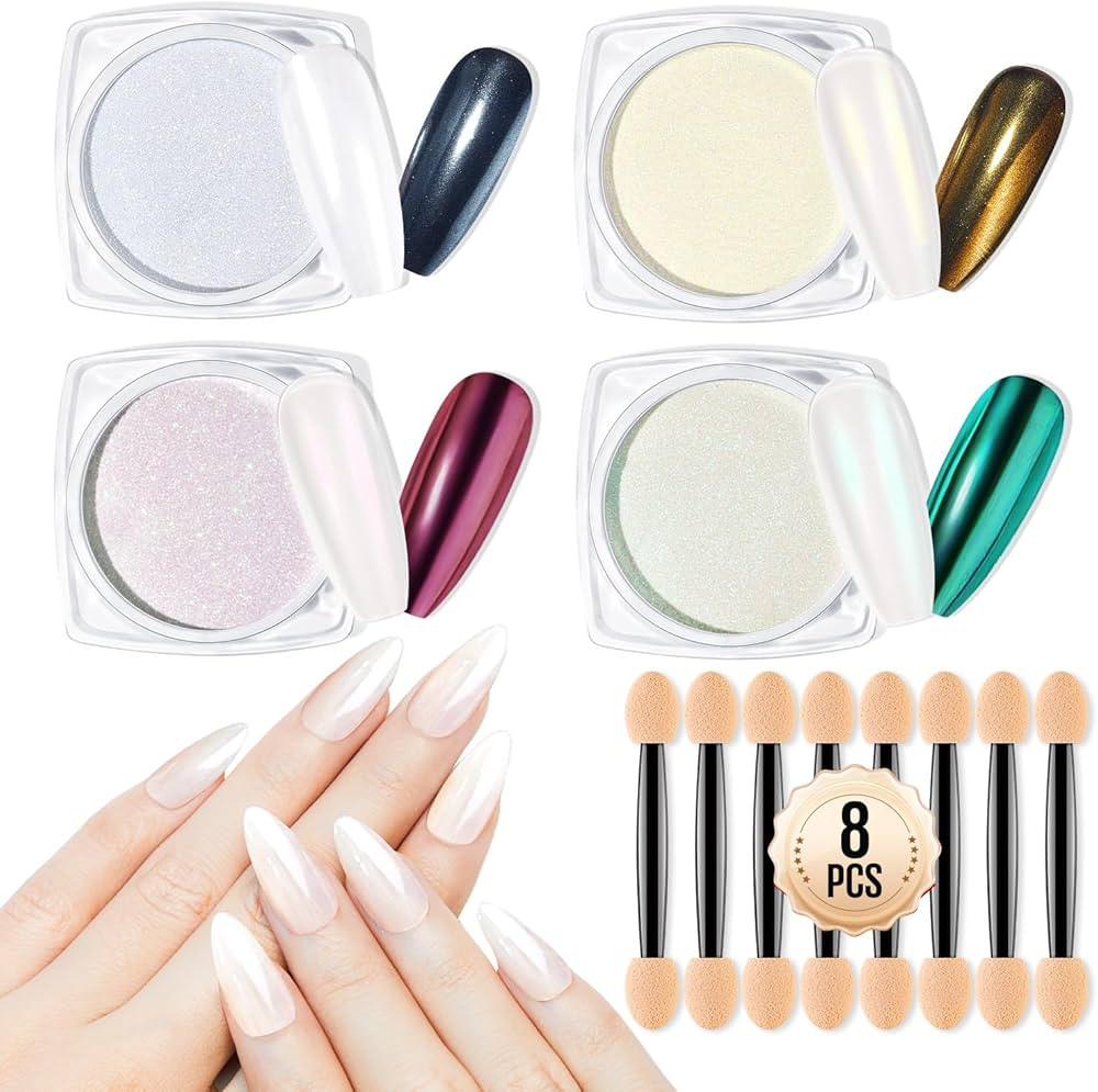 MEFA White Pearl Chrome Nail Powder, 4 pcs Magic Chrome Powder for Nails Mirror Effect Chrome Pow... | Amazon (US)