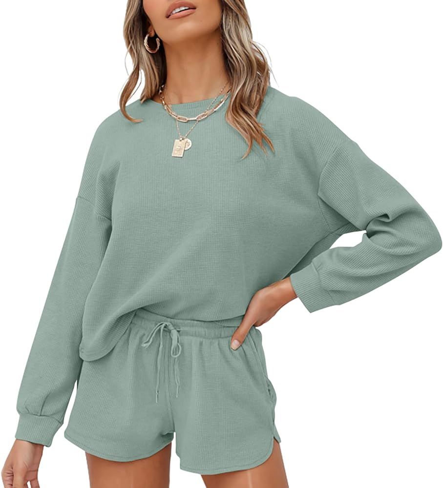 Women's Waffle Knit Long Sleeve Top and Shorts Pullover Nightwear Lounge Pajama Set with Pockets | Amazon (US)