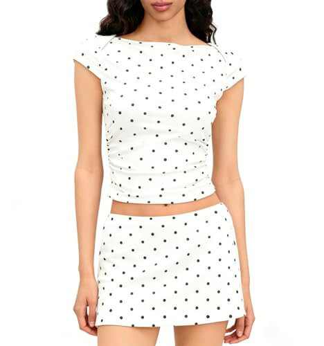 Mxiqqpltky Polka Dot Two Piece Skirt Set for Women Y2k Outfits Boat Neck Baby Tee and Low Rise Mini Skirt Skort Going Out Set(White,Small) | Amazon (US)