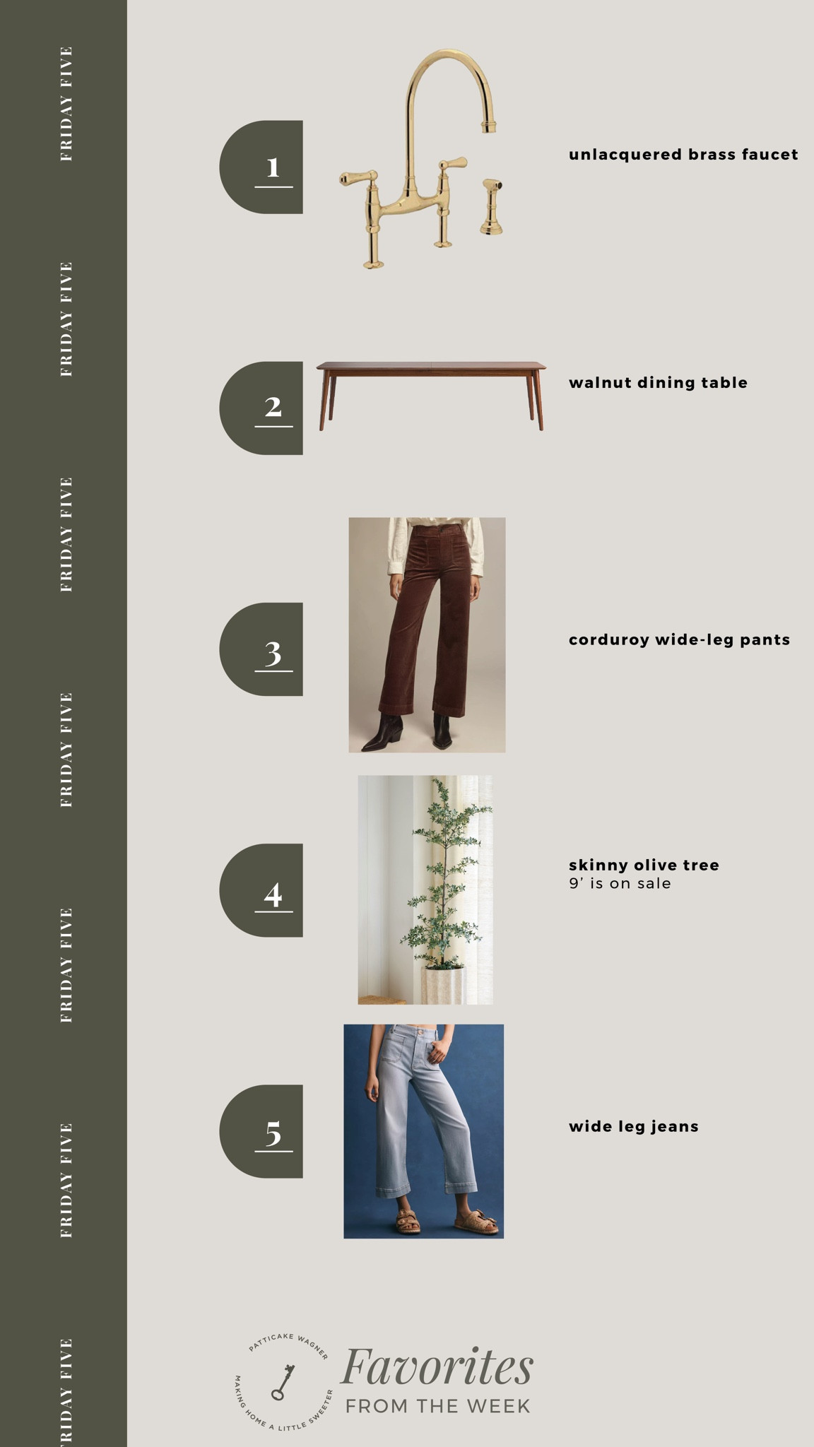 Friday Five: your favorites from the week | unlacquered brass faucet, walnut extendable dining table, corduroy pants, skinny faux olive tree, wide leg jeans | 

#LTKStyleTip #LTKHome