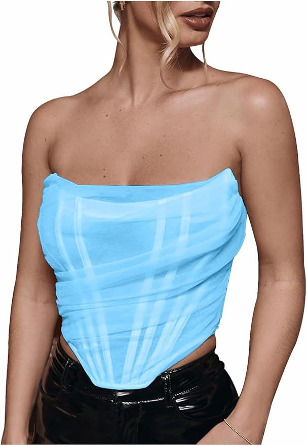 L'VOW Women's Sexy Strapless Mesh Bustier Open Back Boned Corset Crop Top | Amazon (US)