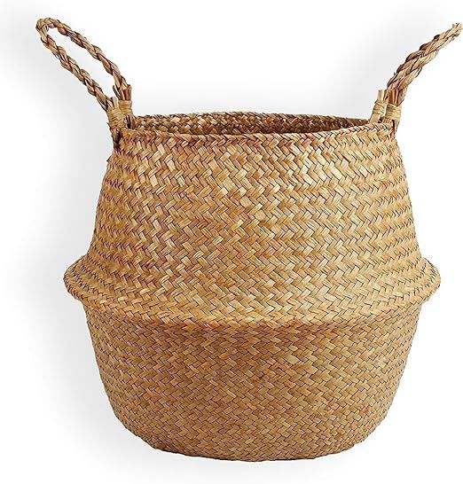 16.5" Natural Seagrass Belly Basket, Open Storage Basket, Laundry Basket, Picnic and Straw Beach ... | Amazon (US)