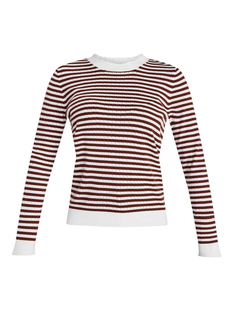 Time and Tru Women's Stripe Pointelle Rib Sweater with Long Sleeves, Lightweight, Sizes XS-XXXL | Walmart (US)