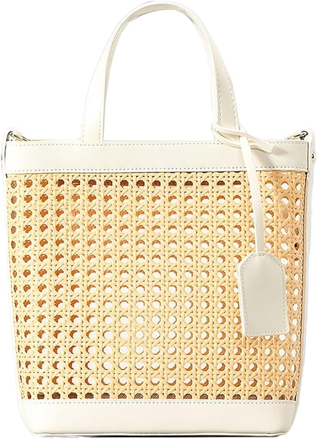 Woven Rattan Bag for Women Perforated PU Leather Bucket Bag Summer Top-handle Drawstring Handbag ... | Amazon (US)