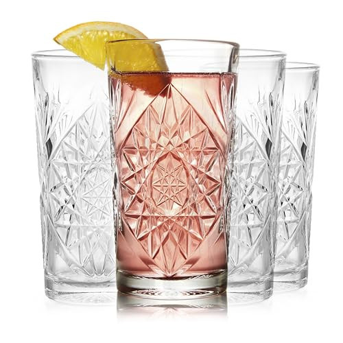 Libbey Hobstar Cooler Glasses, Cut Glass Drinking Glasses Set of 4, Hi-Ball Textured Drinking Glasses, 16 oz Cocktail Glass Set for Soda, Mixed Drinks | Amazon (US)