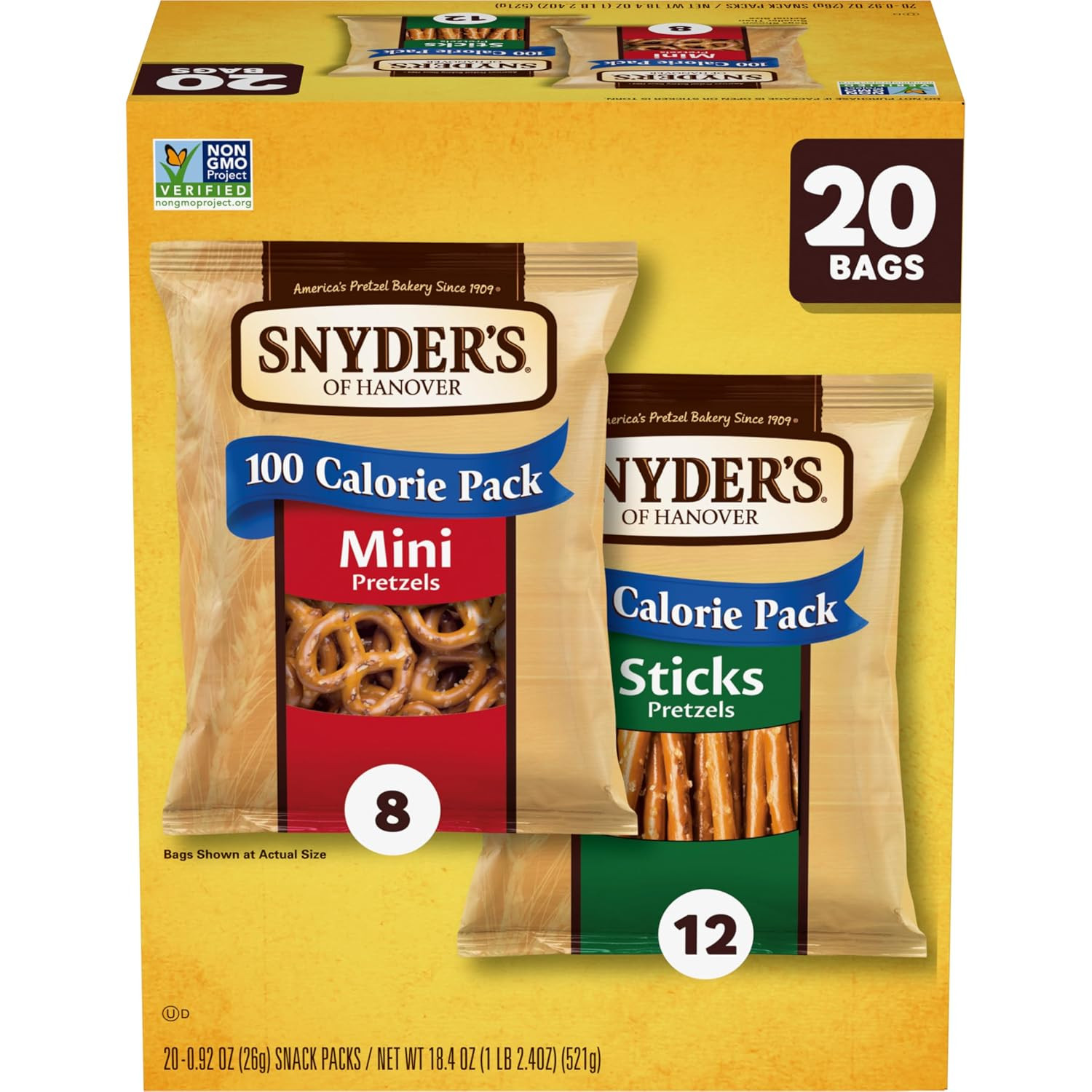 Snyder's of Hanover Pretzels, Minis and Sticks 100 Calorie Packs, 20 Ct Variety Pack | Amazon (US)