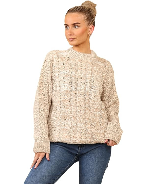 MyShoeStore Ladies Knitted Cable Knit Jumpers Womens Crew Neck Casual Lightweight Fisherman Baggy... | Amazon (UK)