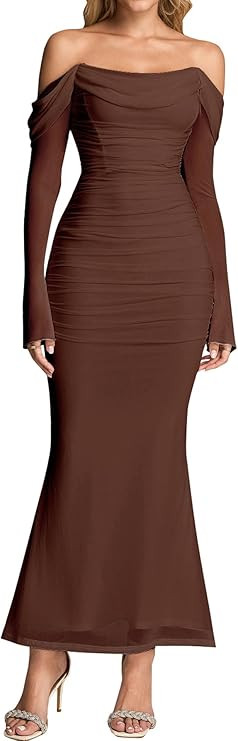 KUTUMAI Off Shoulder Long Sleeve Maxi Dress Corset Bodycon Ruched Cocktail Formal Wedding Guest D... | Amazon (US)