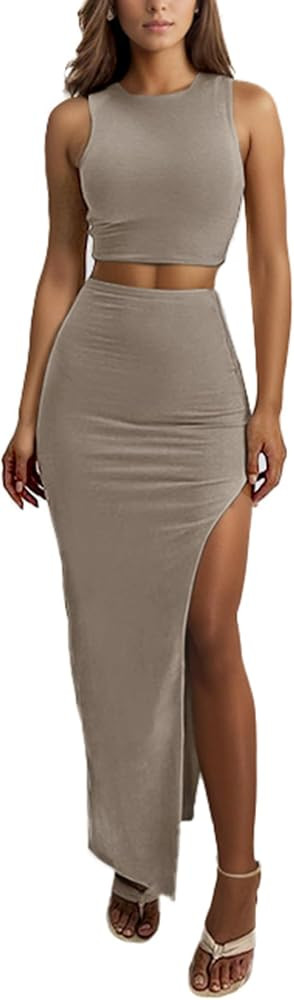 Sexy 2 Piece Maxi Skirt Sets for Women - Knit Bodycon Crop Tank Top and High Slit Skirt Dress Set... | Amazon (US)