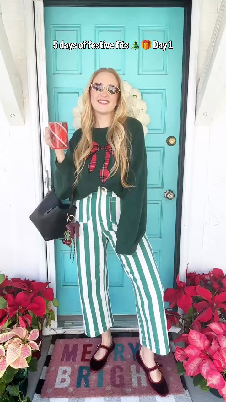 festive fits day 1🎄christmas outfit ideas, christmas bow sweater, plaid bow sweater, christmas sweater, striped pants, free people pants, christmas outfits

it’s tiiiiiiime and i’m breaking out all the red, green and sequins y’all ✨who else loves to dress up for the season?!

wearing M in sweater, size 8 in pants, and sized down to 7 in shoes at 140 lbs and 5'7" for reference.

what to wear for christmas, december outfits, festive outfits, christmas style, christmas outfit ideas, winter outfit ideas, christmas outfits, christmas style ideas, what to wear this winter  

 #LTKHoliday #LTKSeasonal #LTKFindsUnder50
