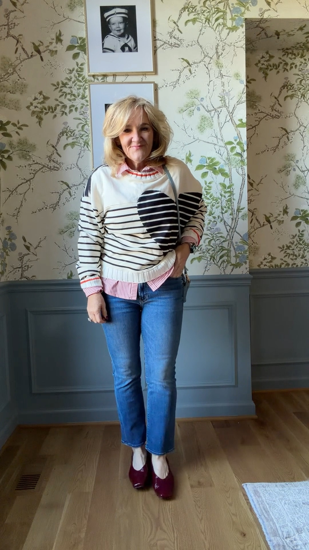 @anthropologie new arrivals. What I’m wearing in January  
Love these burgandy flats. Super cute with socks too. Tts. 
Sweatshirt & sweater size medium 
Mother jeans these you must size up! Wearing a 30 petite 

#LTKootd 

#LTKPetite #LTKOver40