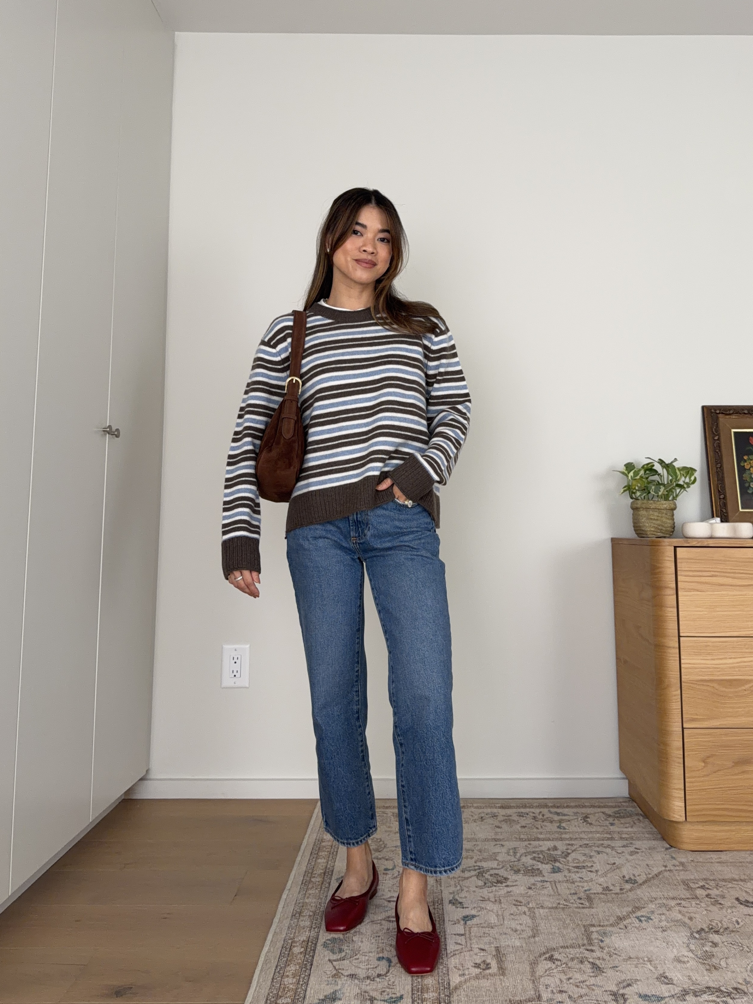 Fall outfit inspo. Wearing all @Quince.

Sizing info:
-Quince Mongolian Cashmere Boxy Crewneck Sweater (Size Small in Faded Denim/Brown/Ivory Variegated Stripe)
-Quince Stretch Cotton Jersey Cropped Fitted T-Shirt (Size XS in White)
-Quince Bella Rigid Straight Jeans (Size 24 Short in Horizon Blue)

petite fashion, get dressed with me, outfit inspiration, ootd, nashville outfit, Nashville influencer, petite style, vacation style, casual outfits, mom style, petite pants, fall outfits, fall outfit info, fall pants, fall outfit idea, fall top, fall sweater, fall shoes, quince, summer top, petite jeans, quince, quince jeans, quince haul, summer sweater, striped sweater, petite jeans

#LTKootd #LTKSeasonal #LTKPetite