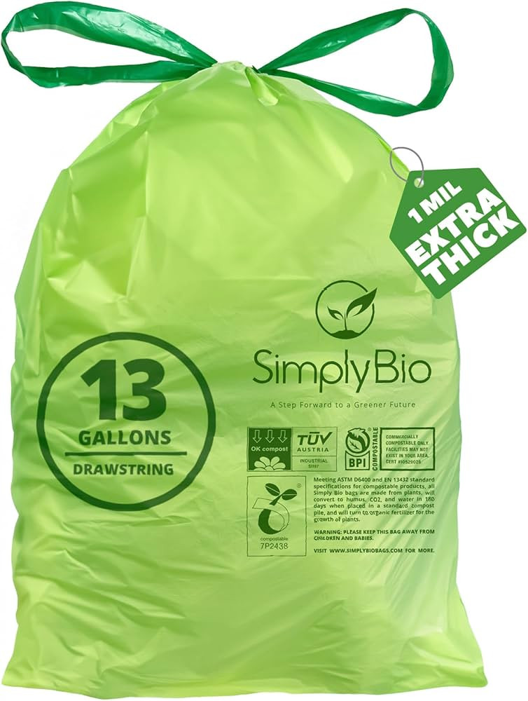 13 Gallon Compostable Trash Bags with Drawstring, Heavy Duty Extra Thick 1 Mil, 49.21 Liter, 30 B... | Amazon (US)