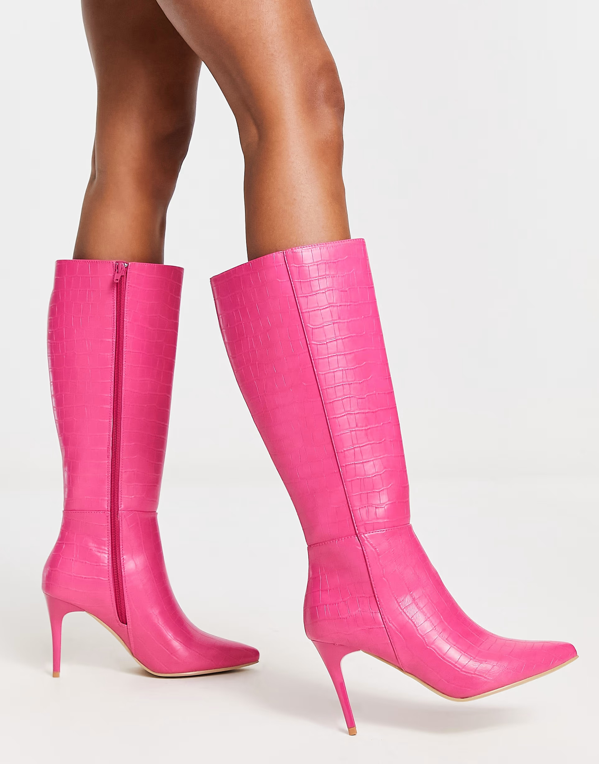 New Look croc knee high heeled boots in pink | ASOS (Global)