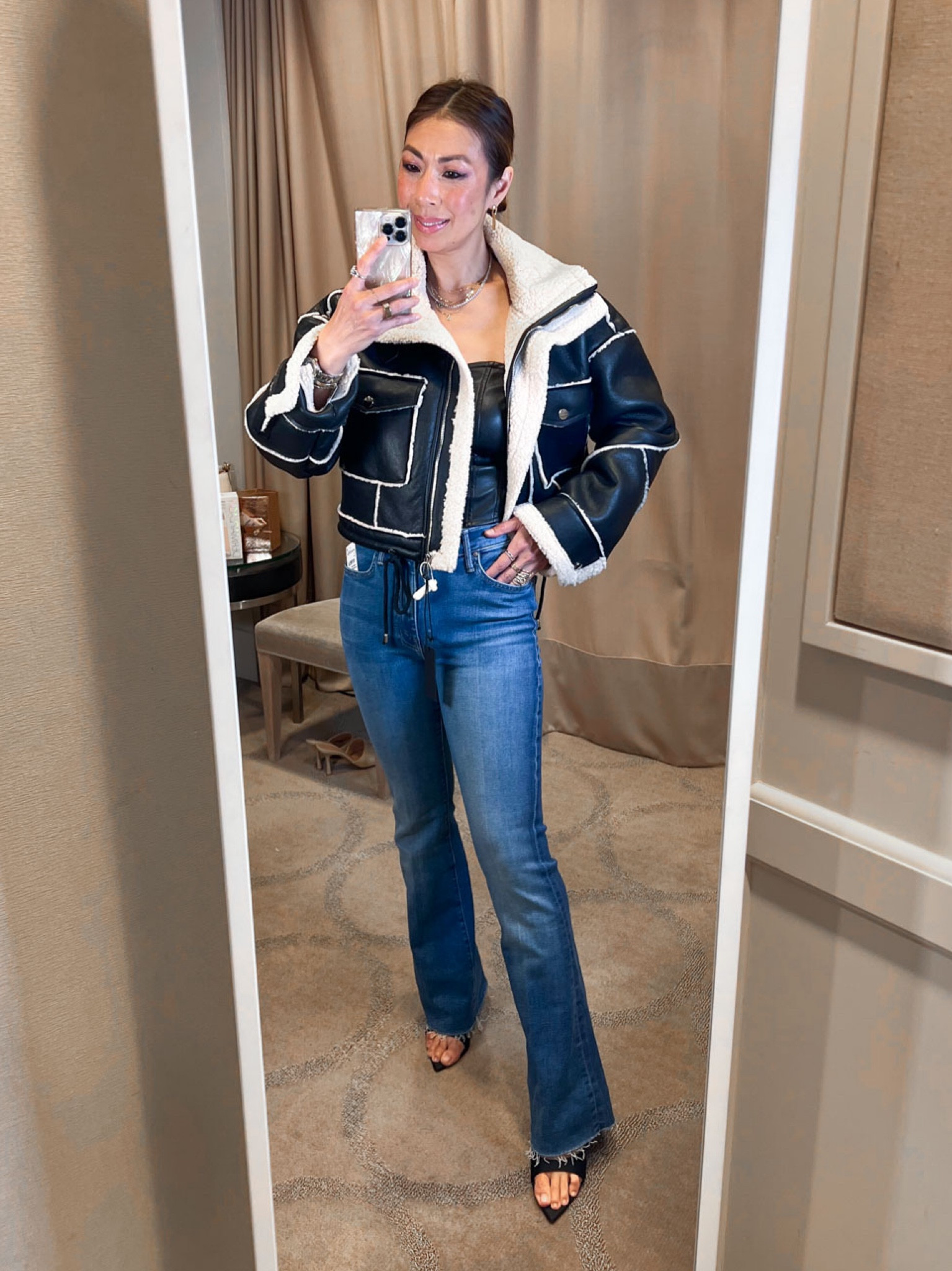 Blank NYC faux Sherpa moto jacket (size S, can size down), faux leather strapless top (size S), flare jeans #styleofsam #nsale 

#LTKstyletip #LTKxNSale #LTKtravel
