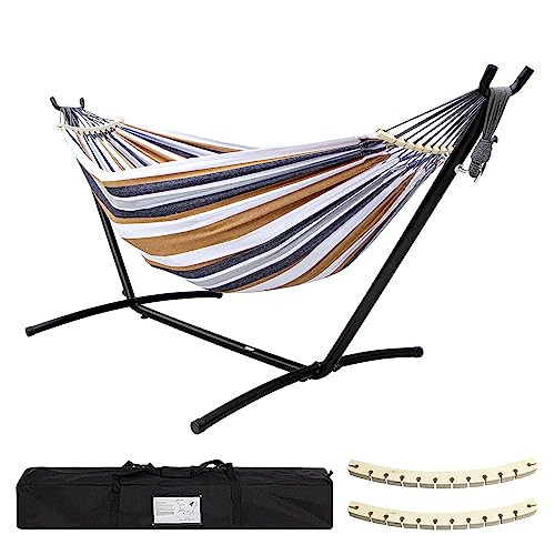 SZHLUX Double Hammock with Stand Included 450lb Capacity Steel Stand, Premium Carry Bag Included and Two Anti Roll Balance Beam, Portable Hammock with Stand for Backyard, Camping,Garden Brown Stripes | Amazon (US)