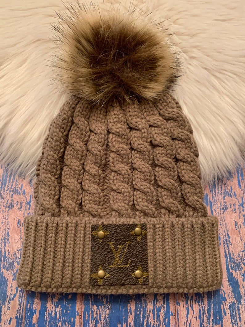 Upclycled LV Beanie with Fur Pom Pom Beige | Etsy (US)