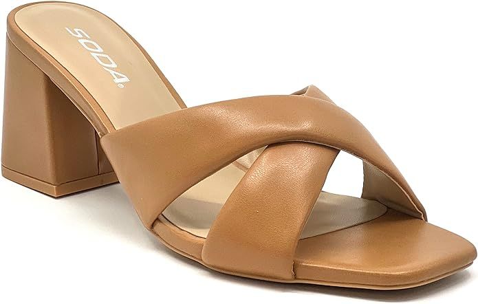 Women's Square Open Toe Sandals Cross Strap Slip On Block Heeled Classic Slides | Amazon (US)