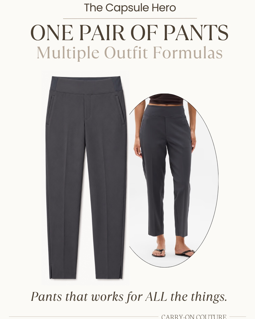 The best pieces in a travel capsule aren’t necessarily the ones you wear the most.  They’re the ones you can wear the most ways.

These pants are a perfect example.

They’re comfortable and technical enough for an outdoorsy day, polished enough for sightseeing or dinner, comfortable enough for a travel day, and tailored enough that I’d even wear them for work.

One pair of pants.  Five completely different outfit formulas.

That kind of versatility is exactly what I’m looking for when I build a carry-on capsule.  I want pieces that cross over between the different kinds of days on my trip—not clothes that only work for one specific activity.

It gives me more outfit options, makes rewearing intentional, and helps make sure everything I pack actually gets worn.

That’s what makes a piece a Capsule Hero.

#LTKOver40 #LTKTravel