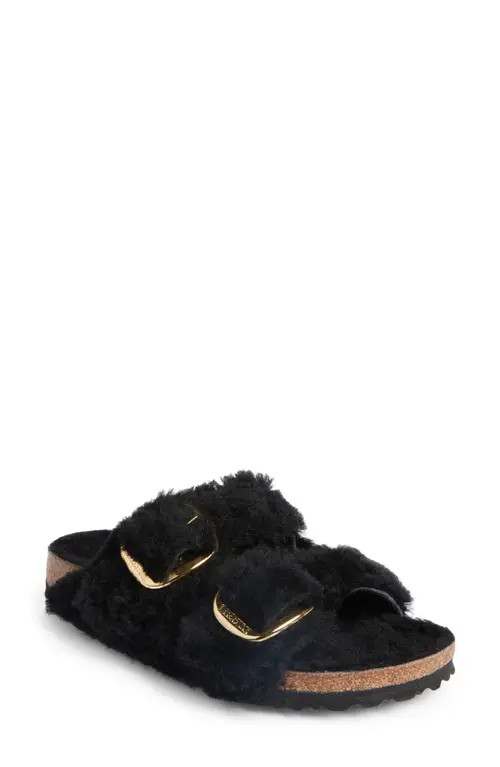 Birkenstock Arizona Big Buckle Genuine Shearling Slide Sandal in Black/Gold at Nordstrom, Size 5-5.5Us | Nordstrom