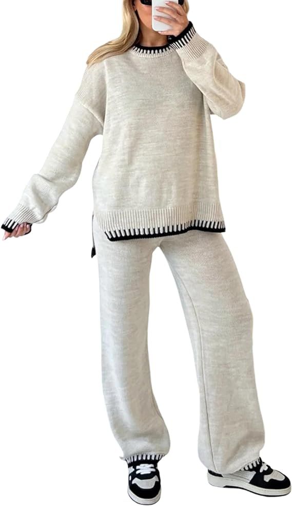 Lentta Women's 2 Piece Sweater Sets Outfits Long Sleeve Knit Pullover Tops Wide Leg Pants Lounge ... | Amazon (US)