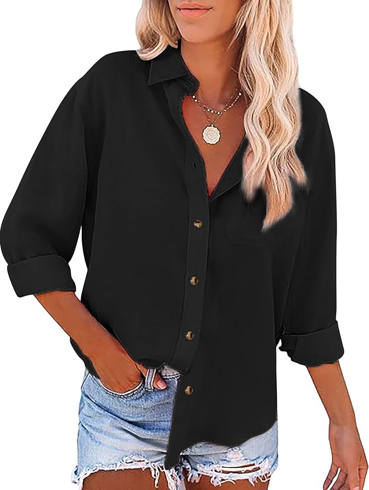 Womens Casual Linen Cotton Button Down Long Sleeve Shirts V-Neck Collared Work Summer Blouse Tops... | Amazon (US)