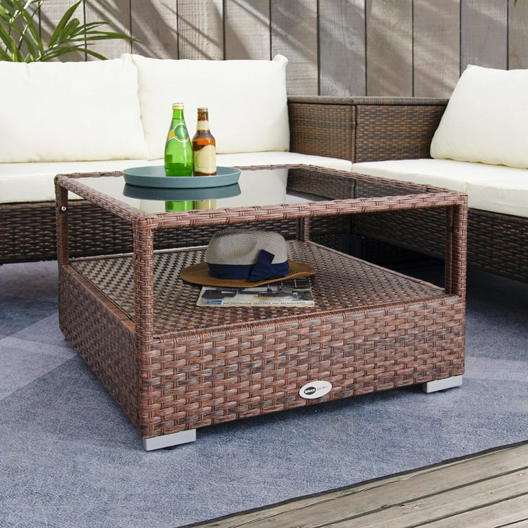 DIMAR GARDEN Outdoor Wicker Coffee Table with Glass top and Storage, Mixed Brown | Walmart (US)