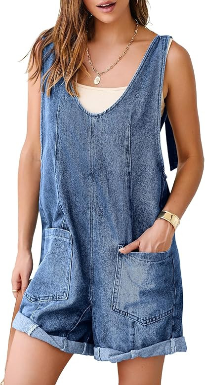 Simplee Womens Denim Romper 2025 Sleeveless Casual Jean Outfits V Neck High Roller Overall Shorts... | Amazon (US)
