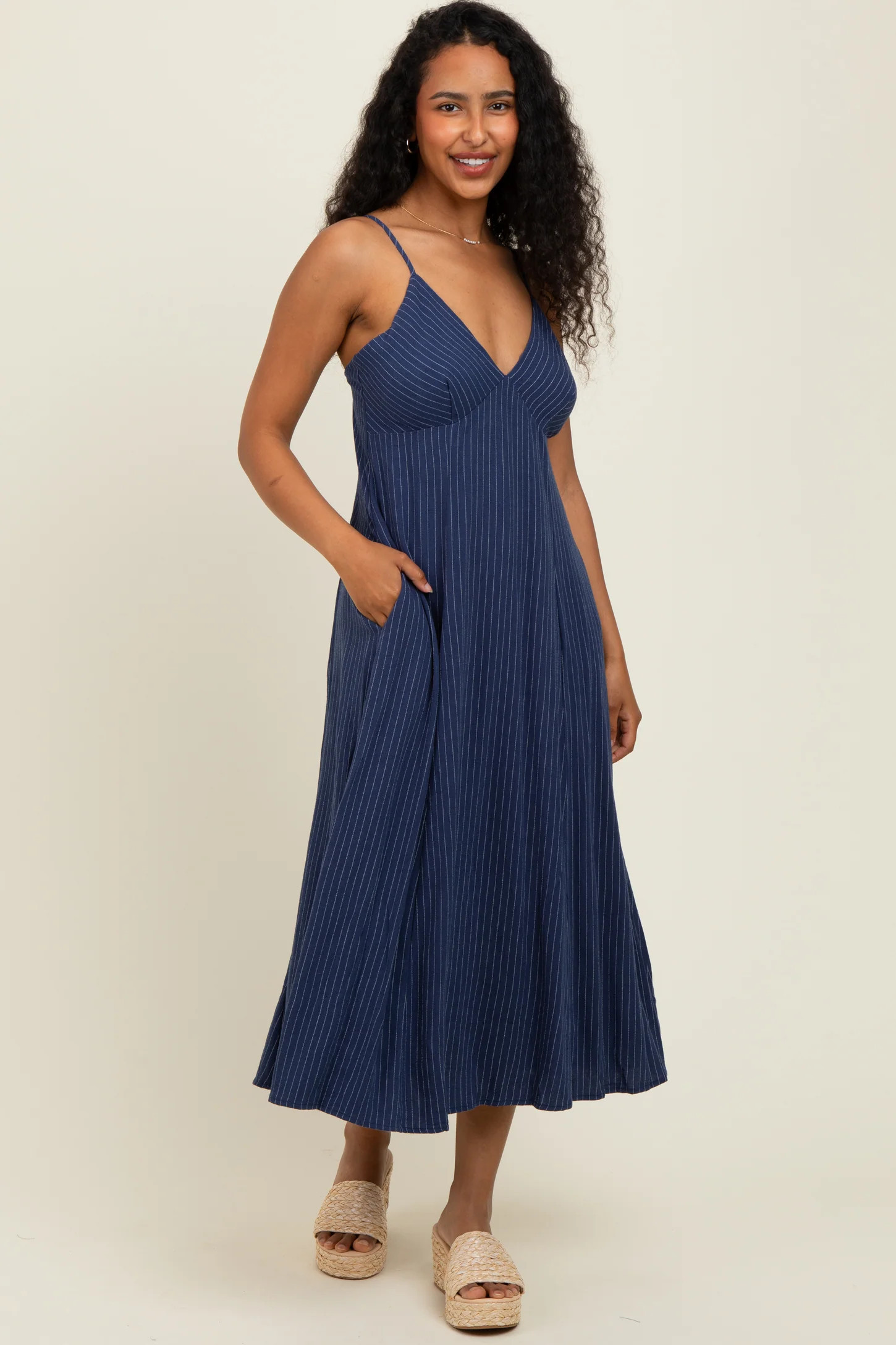 Navy/White Linen Striped Midi Dress | PinkBlush Maternity