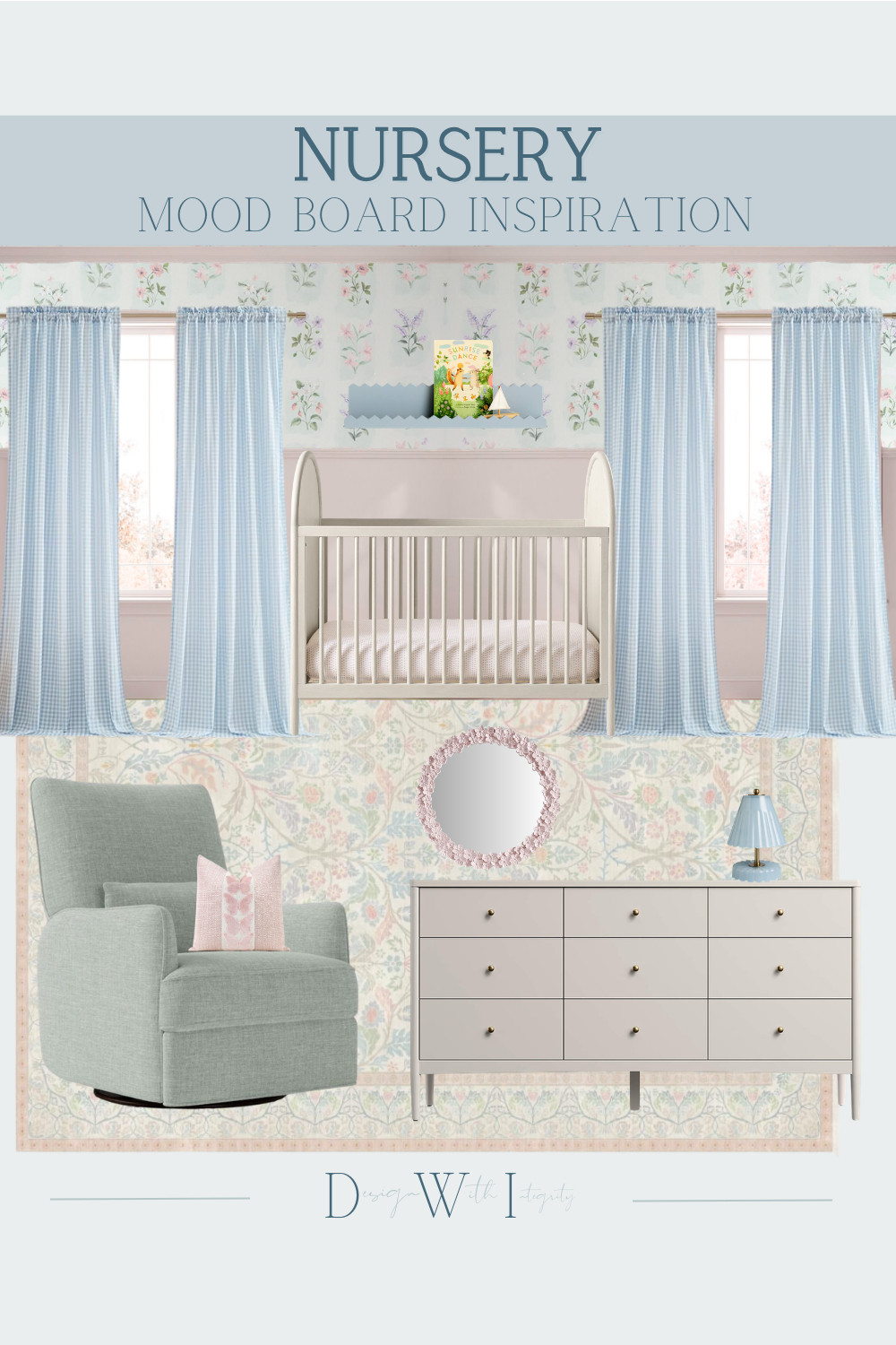 This nursery mood board combines soft powder blue, blush pink, and delicate floral layers for a space that feels airy, timeless, and calming. I love how the gingham drapery adds a playful touch while the floral rug and soft pastel accents keep the room feeling elevated and collected. The tailored glider, warm neutral crib, and subtle vintage inspired details create the perfect balance between cozy and sophisticated. Tap through to shop the nursery furniture, decor, lighting, and styling details featured in this design.

#nurseryinspiration
#pastelnursery
#babyroomdecor
#floralnursery
#nurserymoodboard

pastel nursery decor
blue and blush nursery
floral nursery inspiration
baby girl nursery
vintage nursery decor
nursery mood board
soft blue nursery
nursery furniture ideas 

 #LTKHome