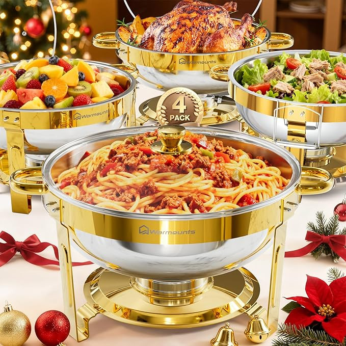 WARMOUNTS Gold Chafing Dishes for Buffet 4 Pack, 5QT Stainless Steel Round Chafers and Buffet War... | Amazon (US)