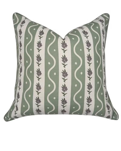 Jillien Harbor “The Tilly” Floral Block Print Pillow Cover – Green Stripes Decorative Throw Pillow Cover with White Background – Grandmillennial Home Decor, 20" x 20" | Amazon (US)