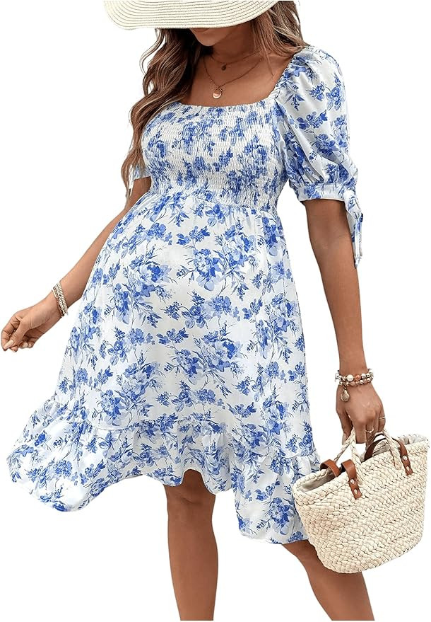 MakeMeChic Women's Maternity Dress Floral Puff Sleeve Square Neck Shirred Ruffle Flare A Line Dre... | Amazon (US)