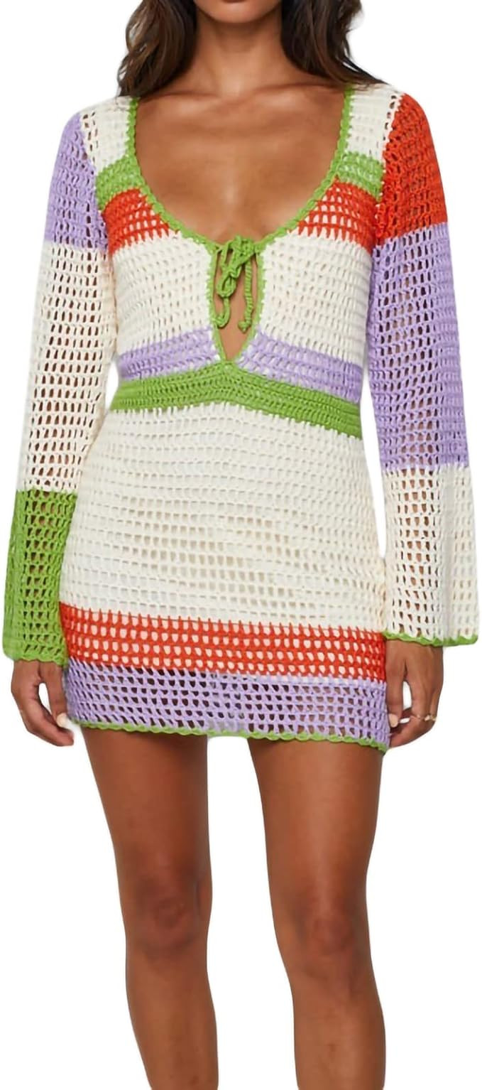 Women Crochet Knit Mini Dress Long Sleeve Colorful Mesh Cover Ups Casual Sweater Dress Summer Bea... | Amazon (US)