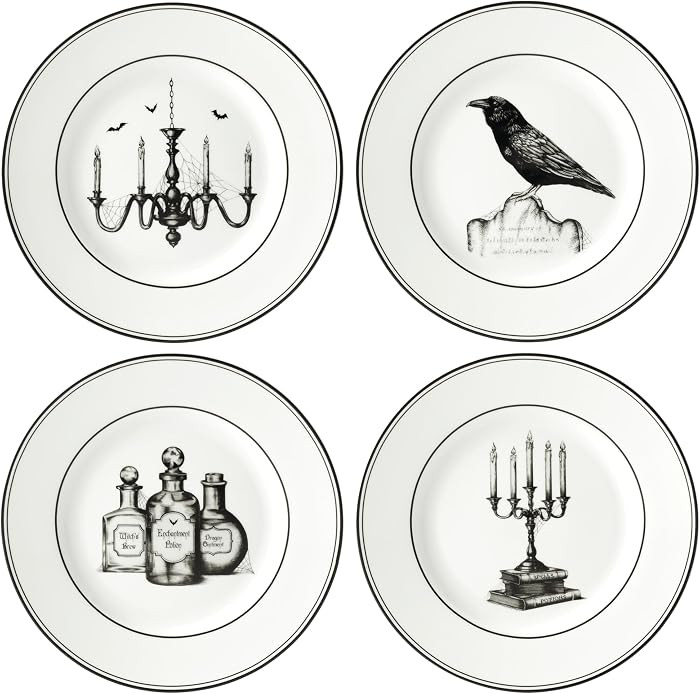 Lenox Dinnerware Set, Vintage Halloween 4-Piece Dessert Plate Set, Assorted, Set of 4 Ivory Porcelain Plates, Dishwasher Safe, Halloween Decor Indoor, Party Table Decorations (Black/White, 4 Piece) | Amazon (US)