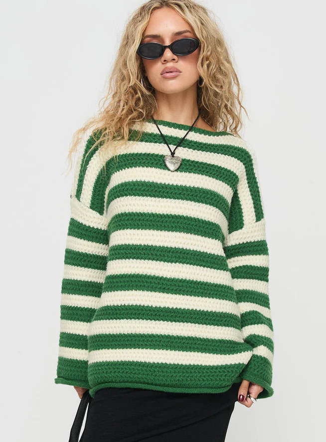 Brando Knit Sweater Green / Cream Stripe | Princess Polly US