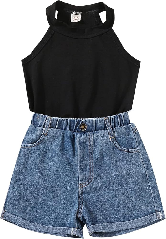 AEEMCEM Kids Toddler Baby Girls 2Pcs Summer Outfits Sleeveless Ribbed Knit Tank Tops Denim Shorts... | Amazon (US)