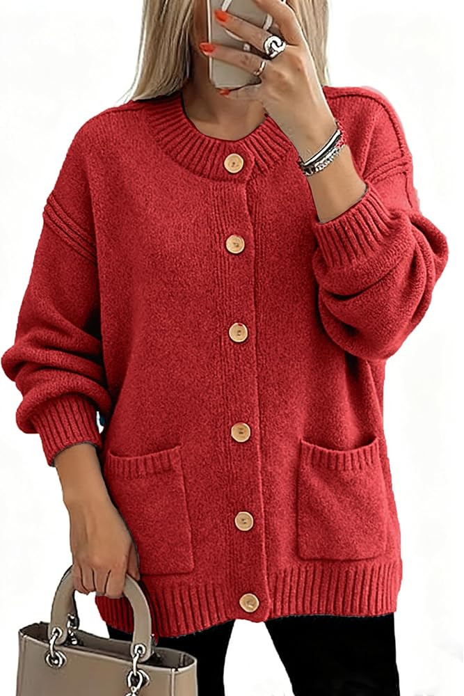 Glamaker Womens Fall Cardigans Sweaters Chunky Button Up Crew Neck Fuzzy Knit Long Sleeve Open Fr... | Amazon (US)