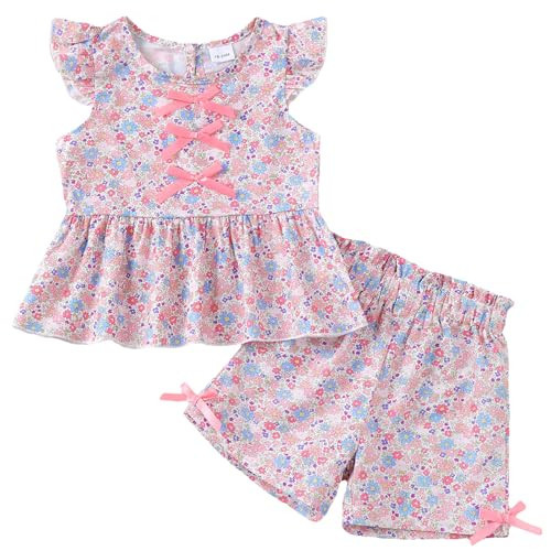 Jecson 18 Months Girl Clothes Toddler Summer Outfits Cotton Ruffled Sleeve Pink Floral Shirt Tops and Shorts Set Outfits | Amazon (US)