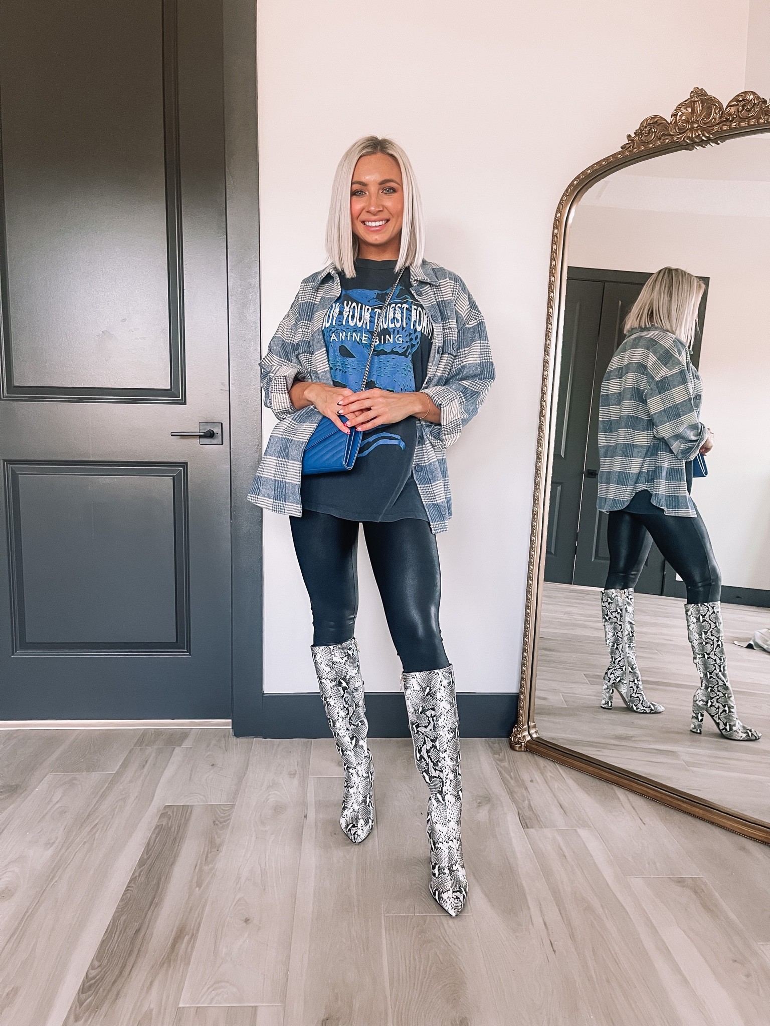 10% off my faux leather leggings (medium petite)  with code TANNERXSPANX and 40% off my shacket (small) with code TANNER40. My boots are amazon. Wearing a small in my graphic tee. #revolve #shacket #leggings 

#LTKshoecrush #LTKSeasonal #LTKstyletip