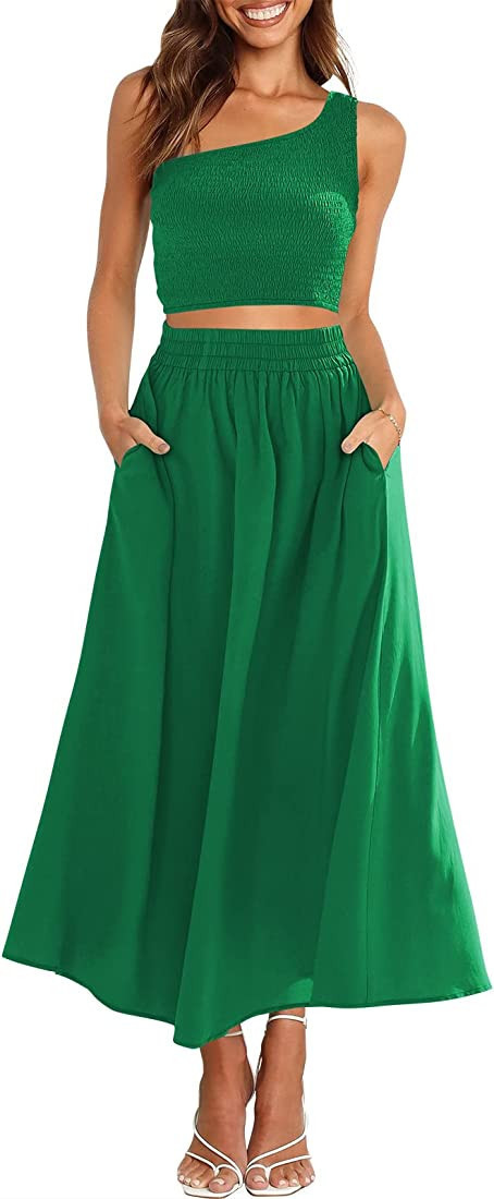 ANRABESS Women's 2 Pieces Outfits One Shoulder Smocked Crop Top & High Waist Long Skirt Dress Set... | Amazon (US)