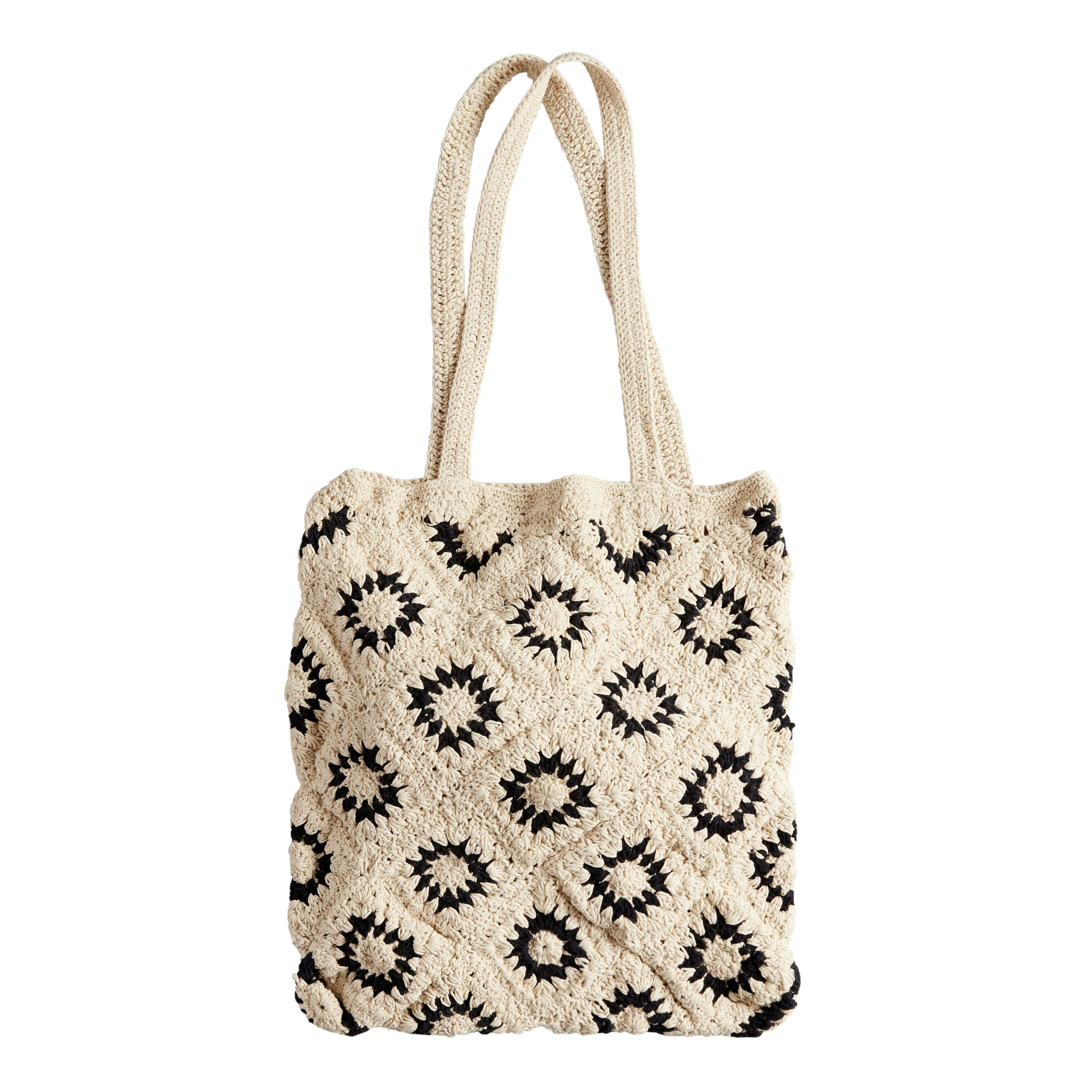 Ivory And Black Diamond Macrame Tote Bag | World Market