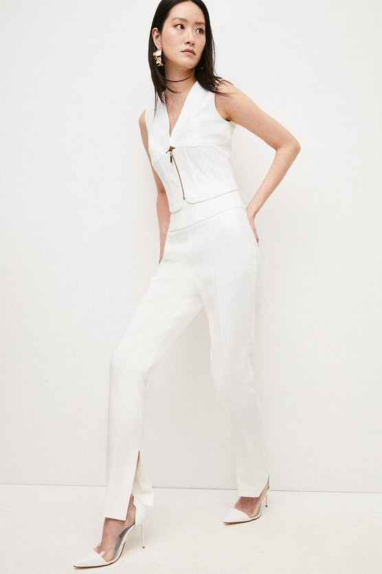 Compact Stretch High Waist Slim Leg Trouser | Karen Millen UK & IE