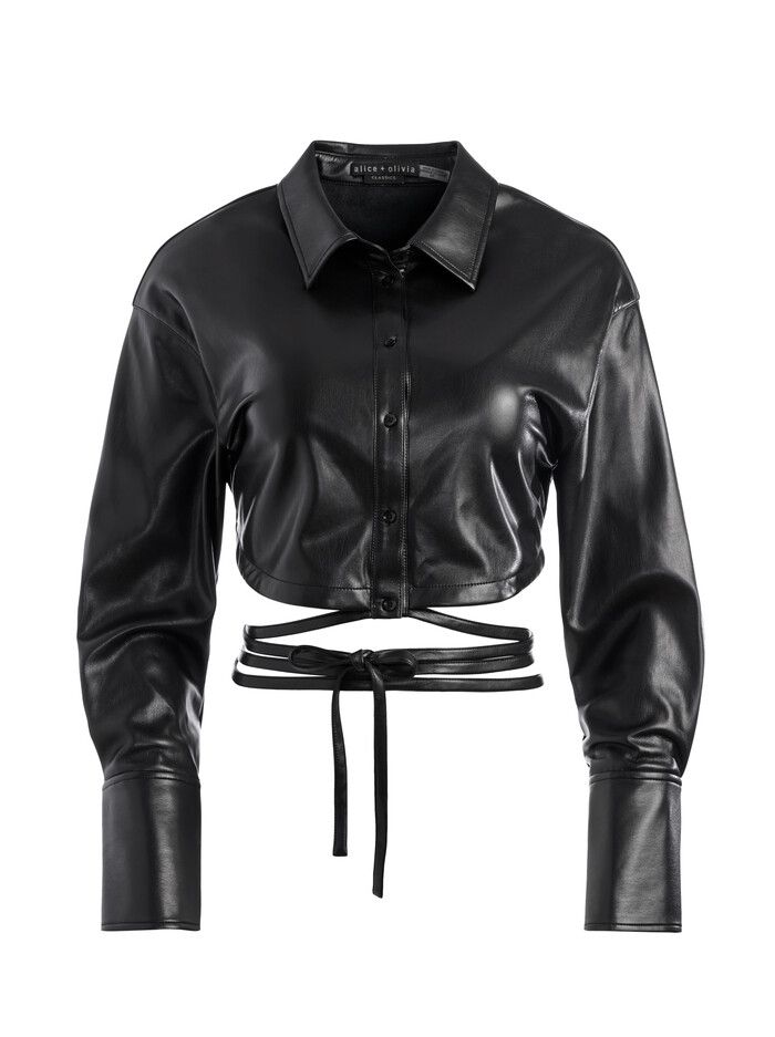 FLOSSIE VEGAN LEATHER CROPPED BUTTON DOWN | Alice + Olivia