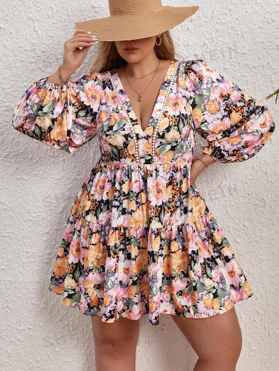 SHEIN VCAY Plus Floral Print Lantern Sleeve Ruffle Hem Dress | SHEIN