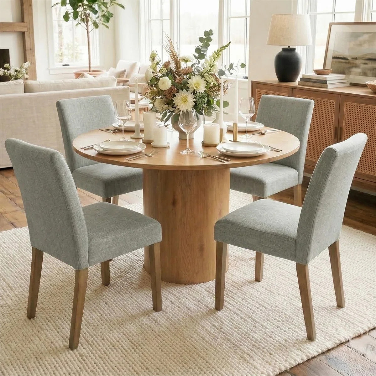 Danayla 4 - Person Dining Table Sets With 41.5'' Round Table & 4 Upholstered Linen Chairs | Wayfair North America