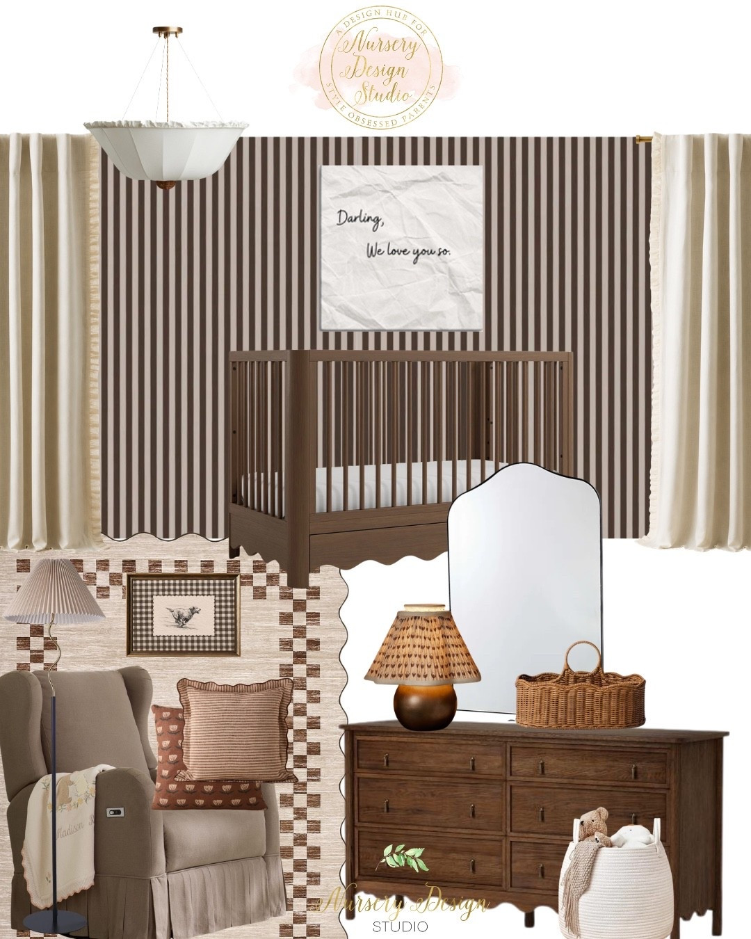 Shop the details from Will’s warm and timeless nursery From the rich walnut dresser and striped wallpaper to the scalloped rug, woven lamp, tailored curtains, and soft neutral glider — every piece was chosen to create a layered nursery that feels cozy, elevated, and designed to grow beautifully over time.

#LTKSaleAlert #LTKBump #LTKHome