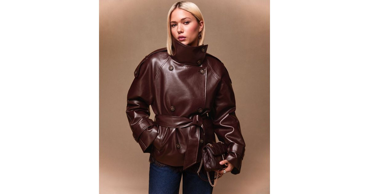 Dark Burgundy Faux Leather Belted Funnel Neck Jacket | New Look | New Look (UK)